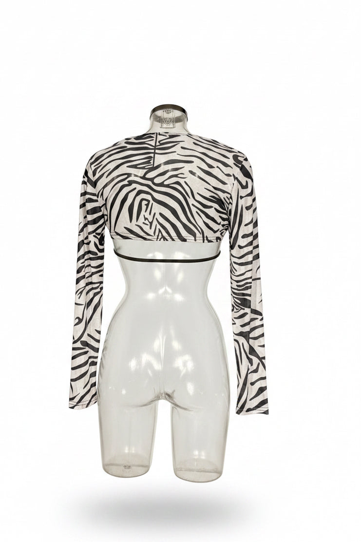 Vintage Zebra Print Sheer Crop Top | Twisted Front Long Sleeve