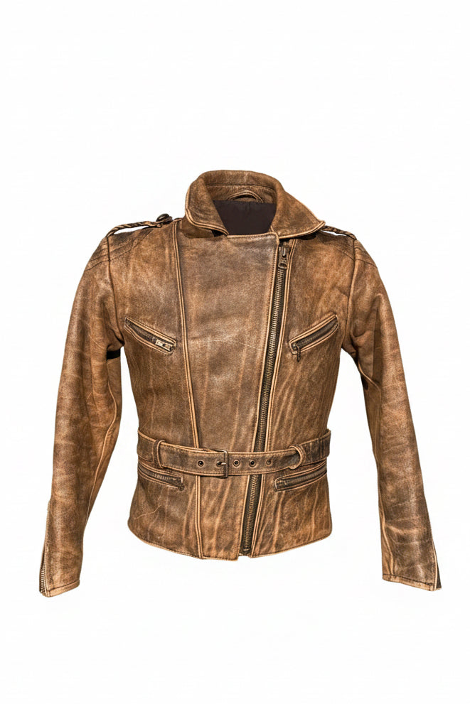 Vintage Tan Distressed Leather Belted Biker Jacket with Epaulettes