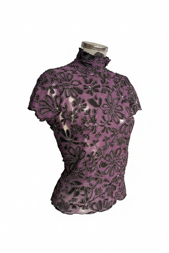 Vintage 90s Purple Floral Mesh Top