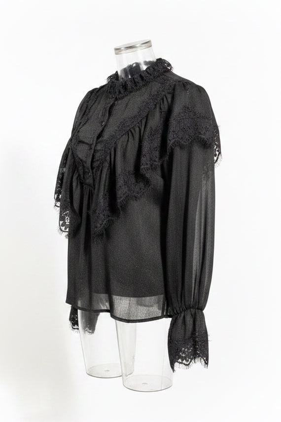 Vintage 80s Black Lurex Sheer Lace Trim Ruffle Blouse