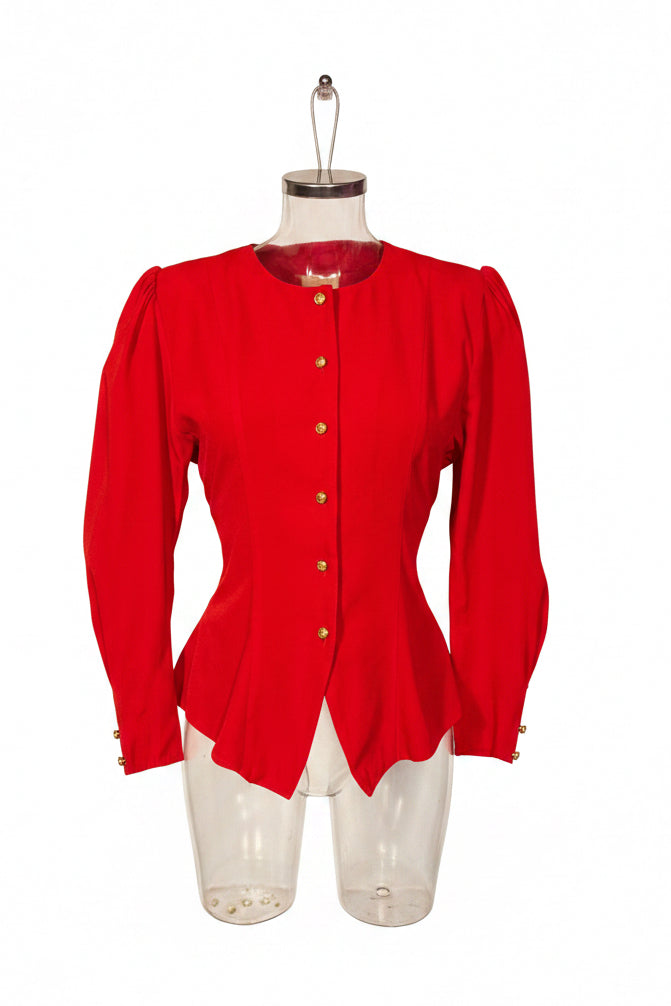 Vintage 80s Scarlet Red Gold Button Peplum Jacket Blouse by Horoskop