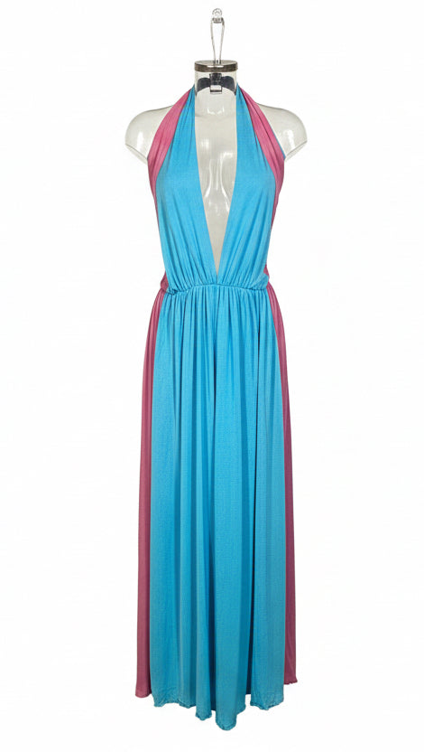 Vintage 70s Blue & Pink Halterneck Maxi Dress by Frank Usher