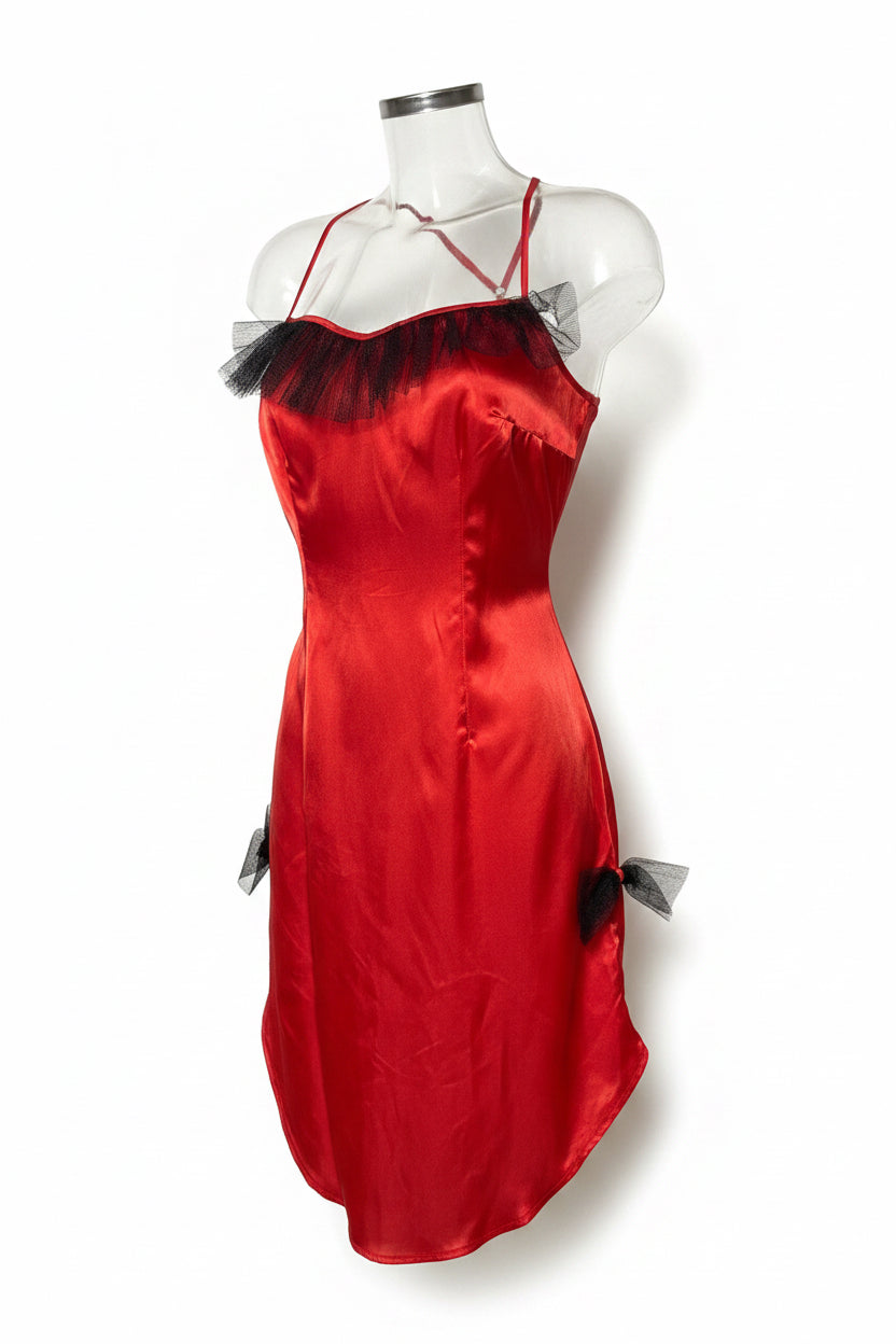 Vintage Red Satin Slip Dress with Black Feather Trim