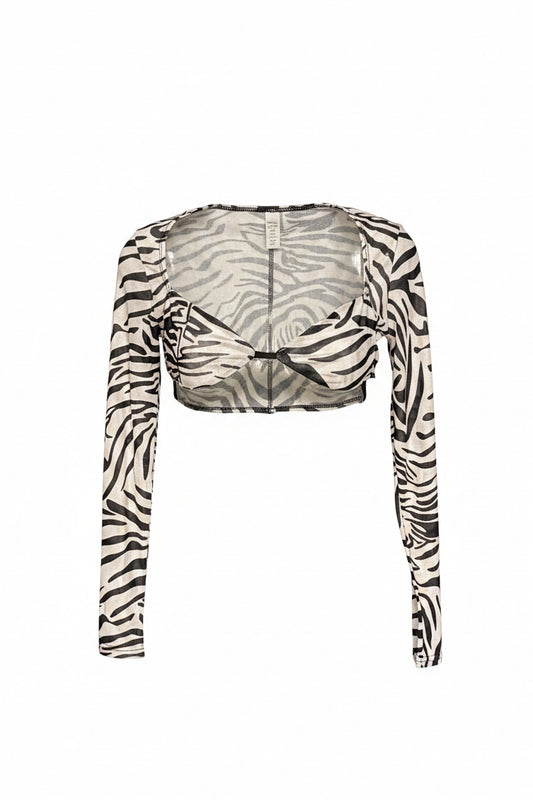 Vintage Zebra Print Sheer Crop Top | Twisted Front Long Sleeve