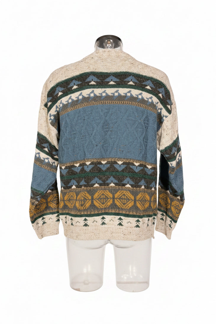 Vintage 80s Multi-Band Intarsia Knit Sweater in Cream & Blue — Size L/XL