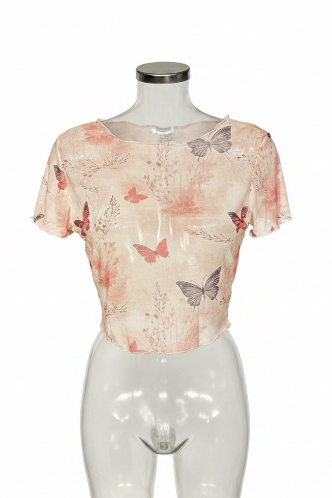 Y2K Butterfly Print Sheer Mesh Crop Top
