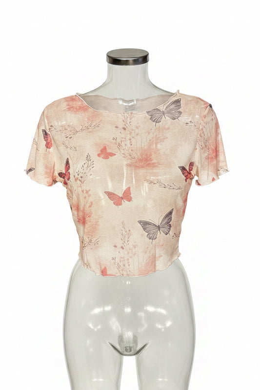 Y2K Butterfly Print Sheer Mesh Crop Top