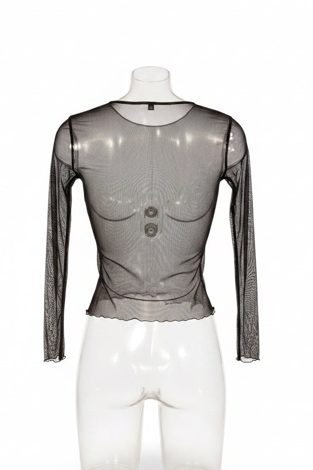 Y2K Black Sheer Mesh Crop Top with 3D Daisy Appliqué