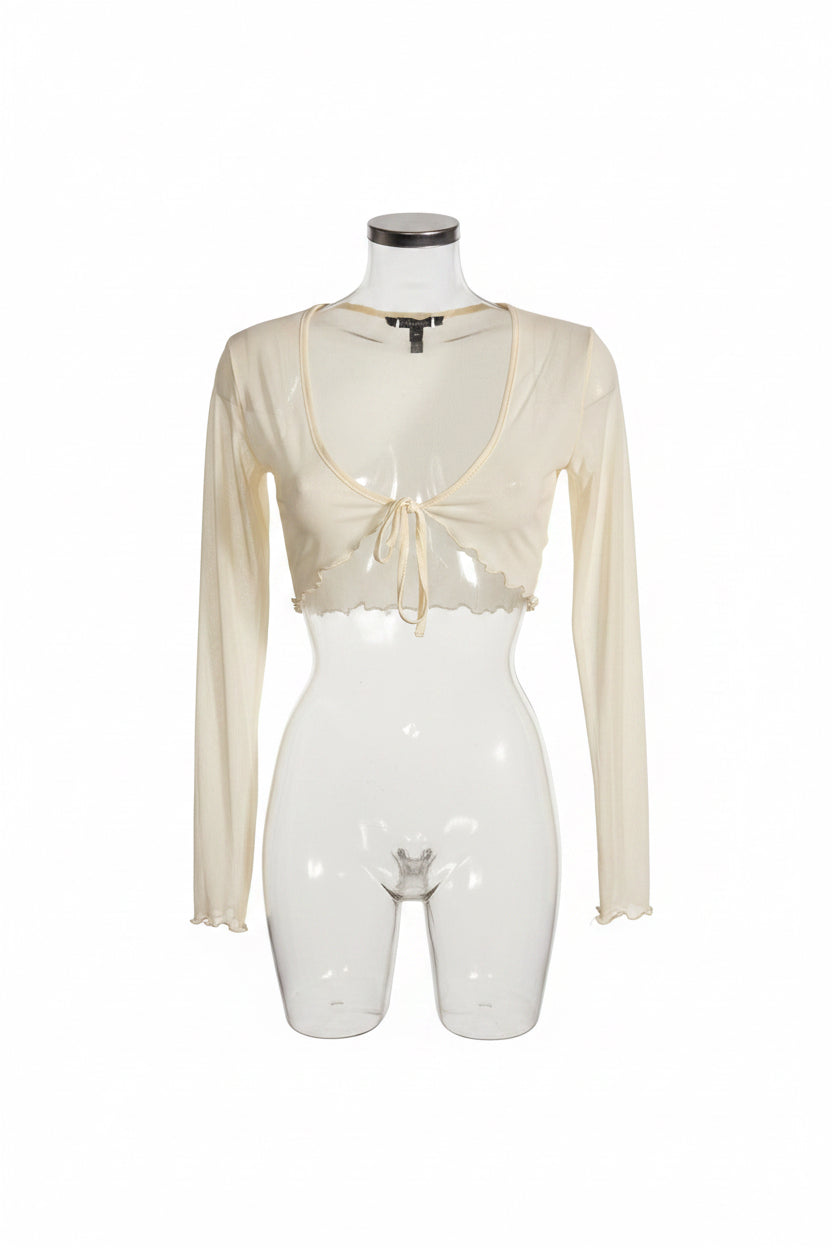Y2K Ivory Sheer Mesh Tie-Front Crop Top