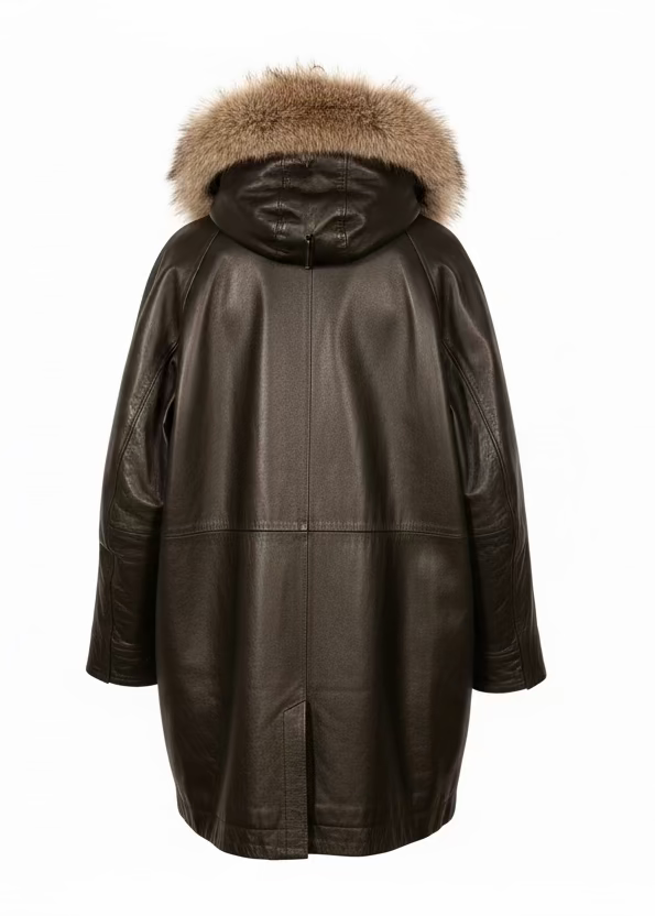 1990s Real Leather Parka Jacket with Fur Trim - Oversized Vintage Outerwear